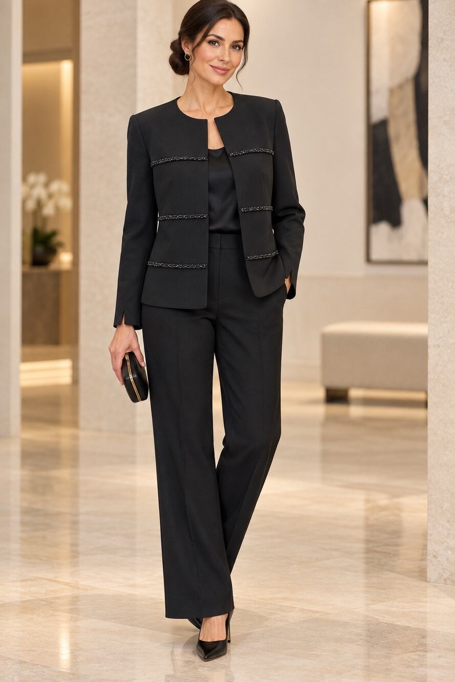 Nipon Boutique Women’s 14 Black Beaded Trim Collarless Open Front Jacket Blazer